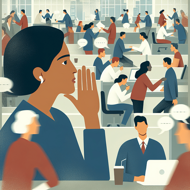 individual whispering to themselves in a bustling office
