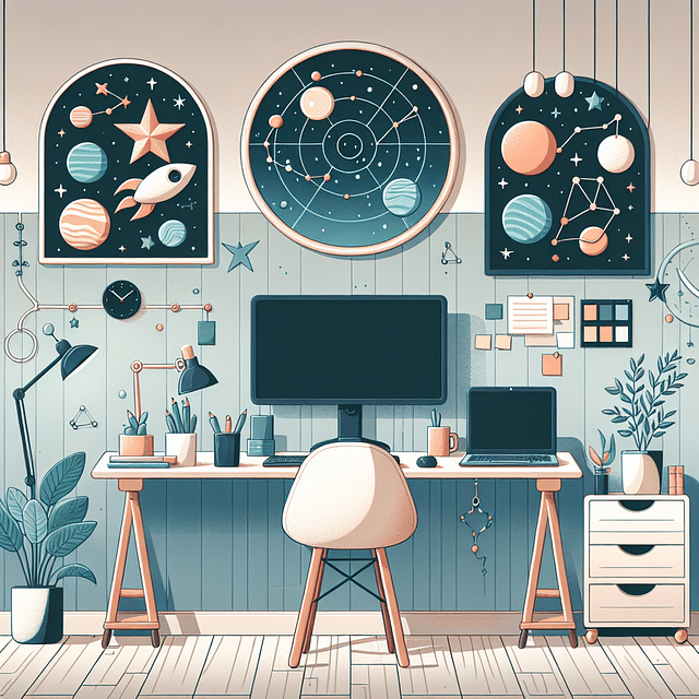 a minimalist and organized workspace with celestial decorations