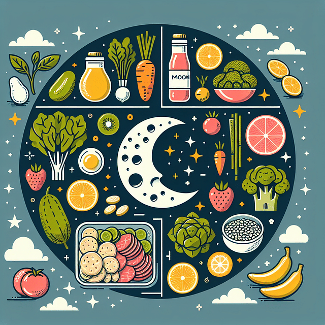 a healthy meal plan with fresh ingredients and a moon motif