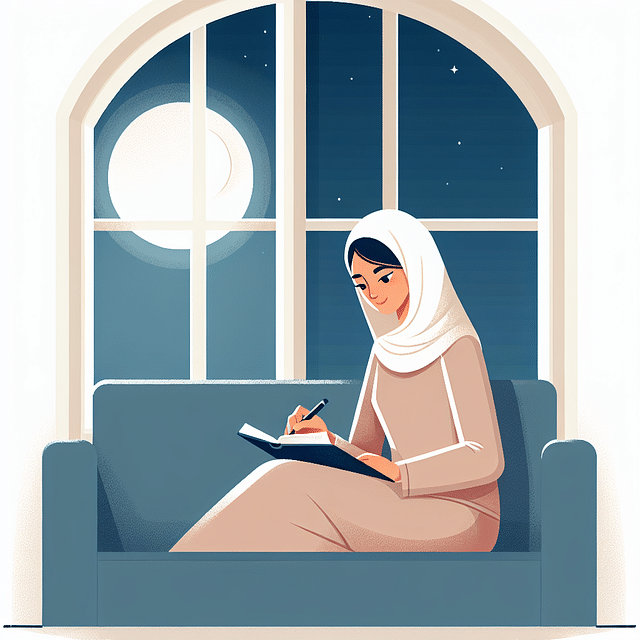 a person journaling by moonlight, reflecting on the day