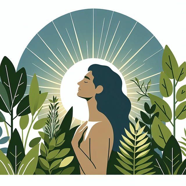 a person harmonizing with nature, surrounded by plants and sunlight
