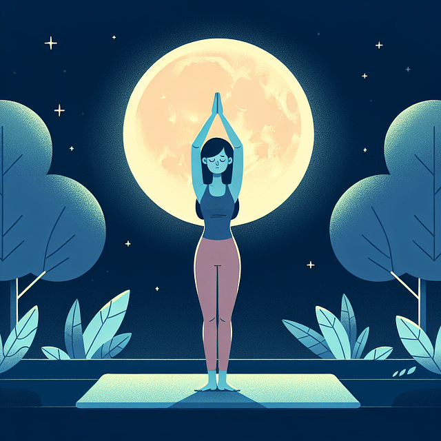 person standing on a yoga mat under the full moon