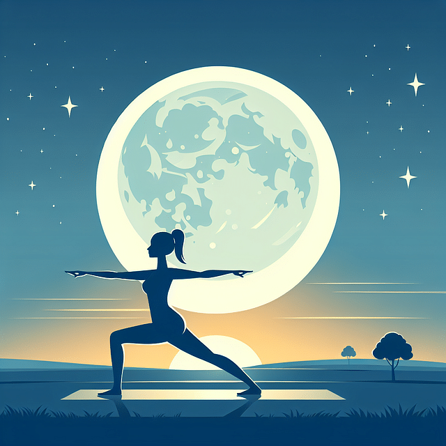 holding Warrior I pose under the full moon