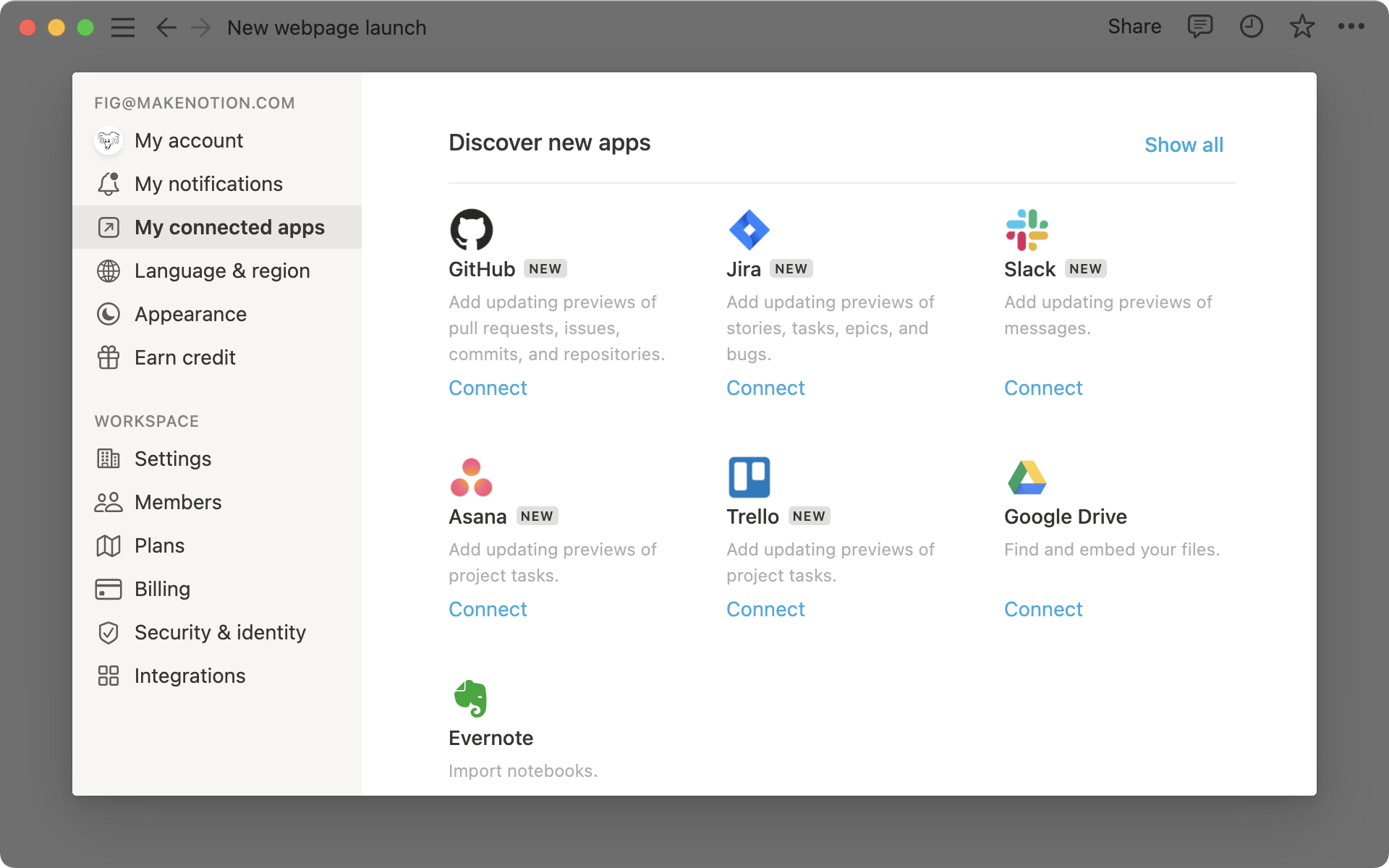 Notion app workspace
