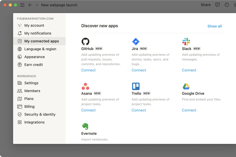 Notion app workspace
