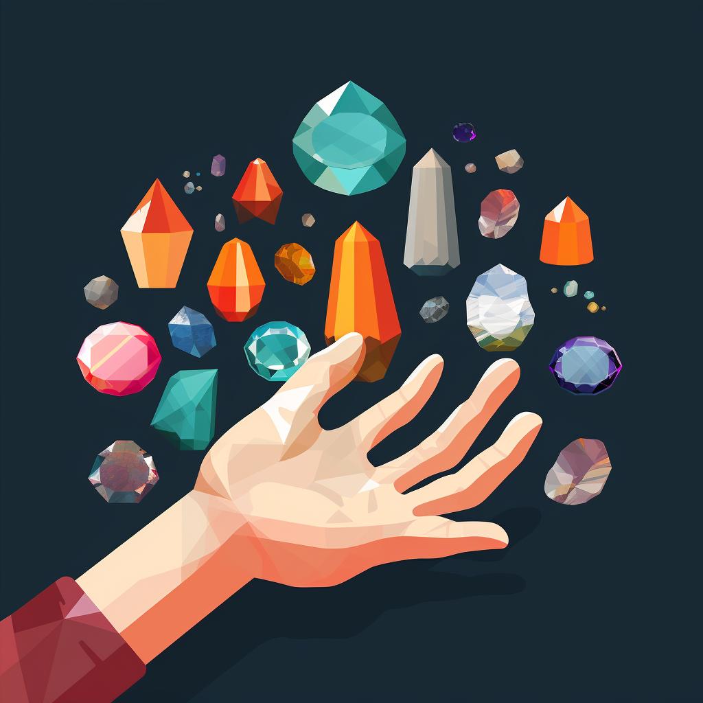A hand choosing a crystal from a variety of gemstones