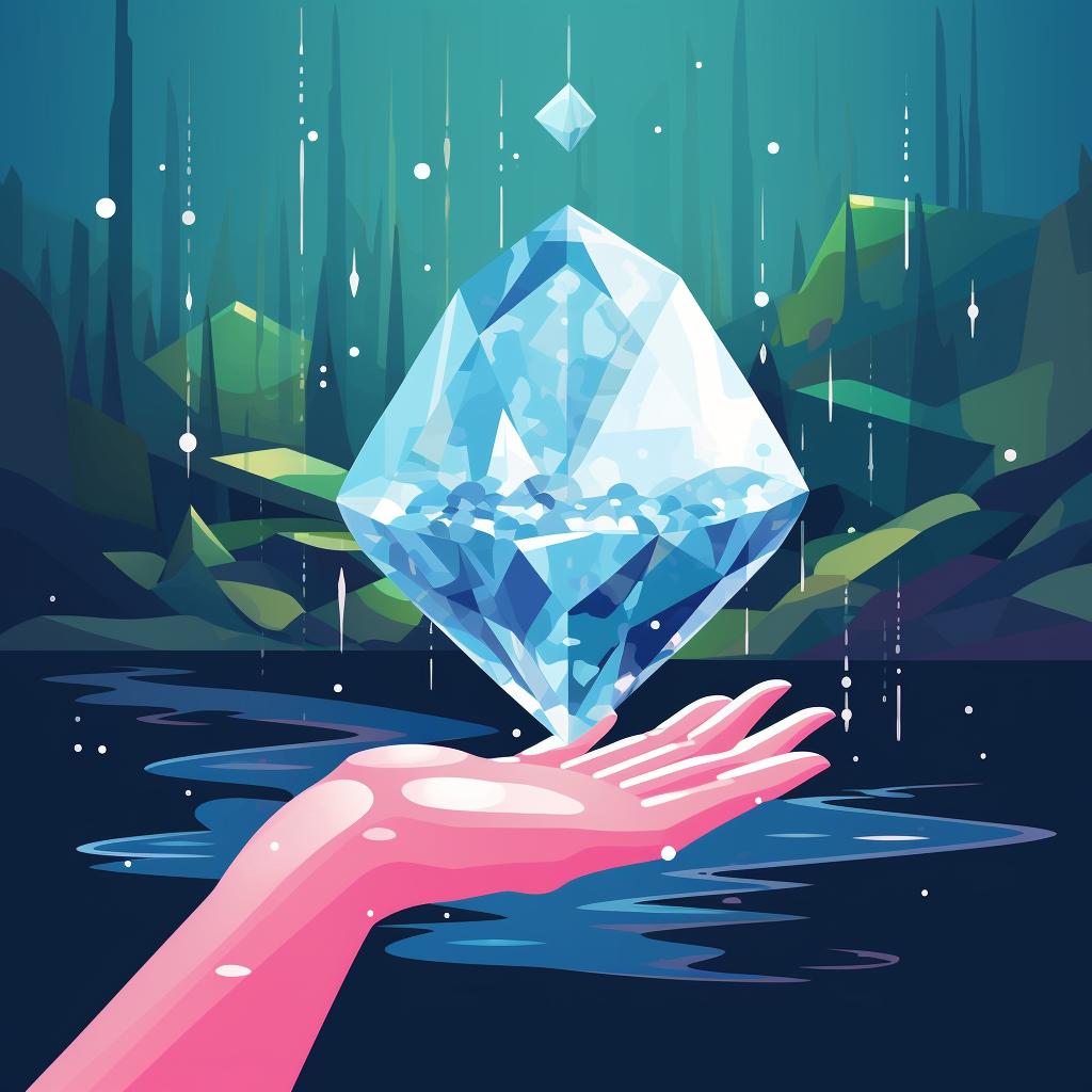 A crystal being held under a stream of water