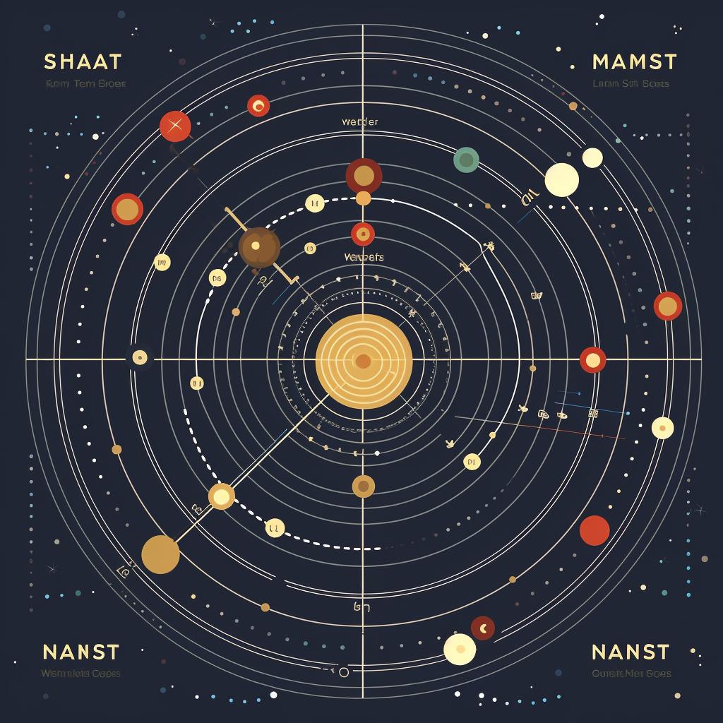 A natal chart with lines connecting different planets, representing aspects